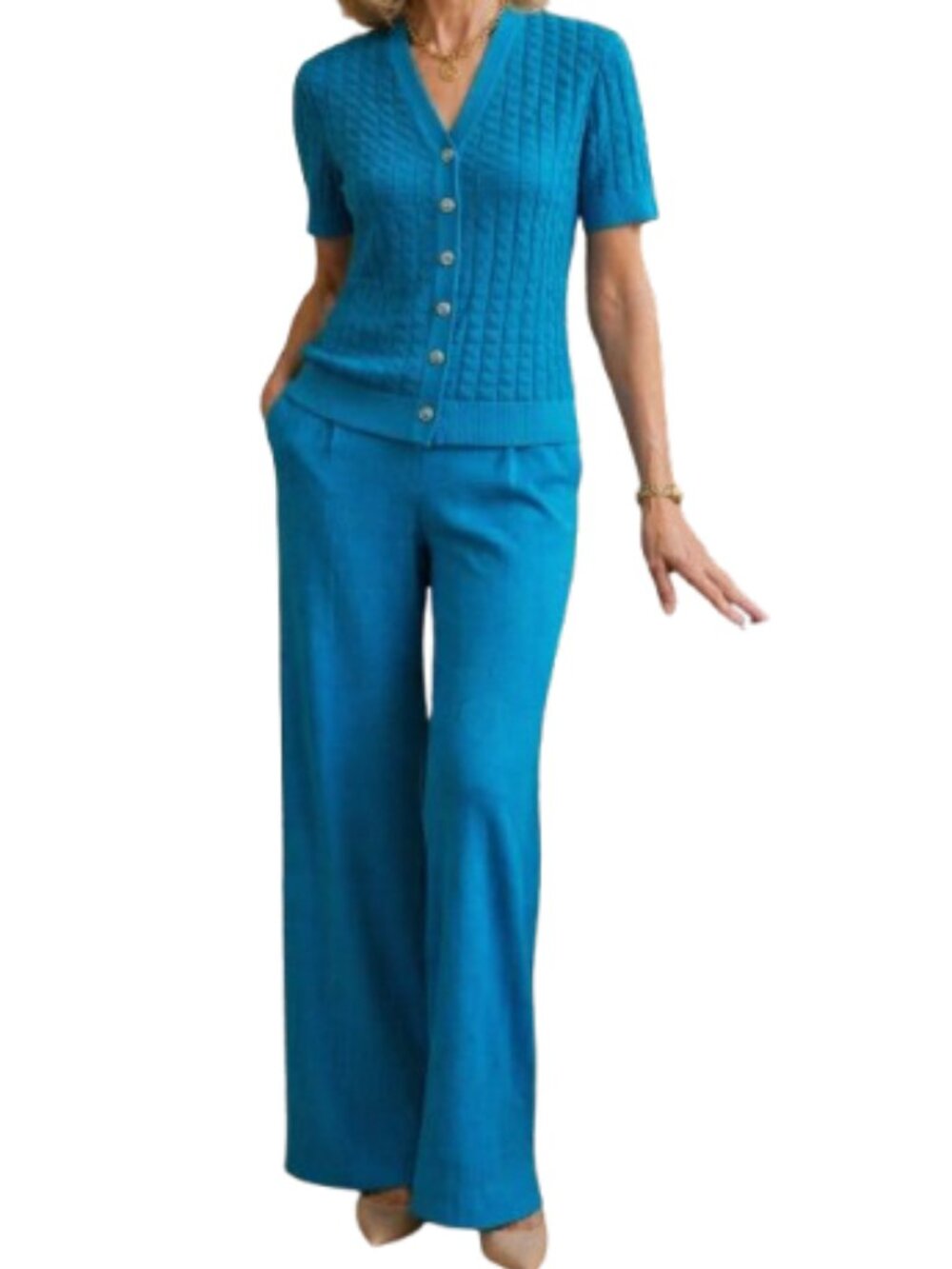 St. John Collection Santana Knit Pantsuit Teal 2 Piece Luxe Knit Wide Leg Small